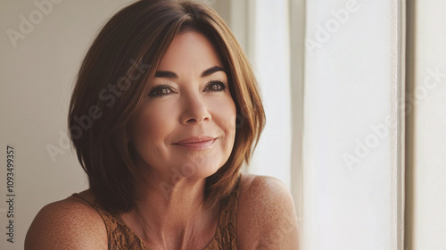 Poised middle-aged woman with chin-length warm bronde bob photo