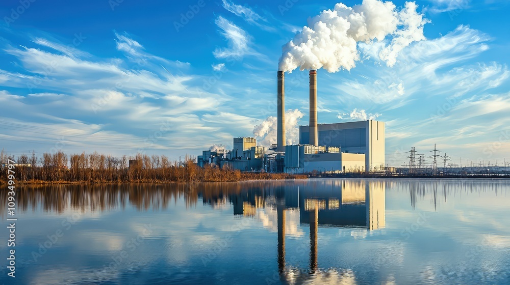 Industrial Power Plant Reflected in Calm Water Under Clear Blue Sky with Wispy Clouds and Emissions Billowing from Tall Stacks in Tranquil Natural Setting Industrial Power Plant Reflected in Calm Water Under Clear Blue Sky with Wispy Clouds and Emissions Billowing from Tall Stacks in Tranquil Natural Setting