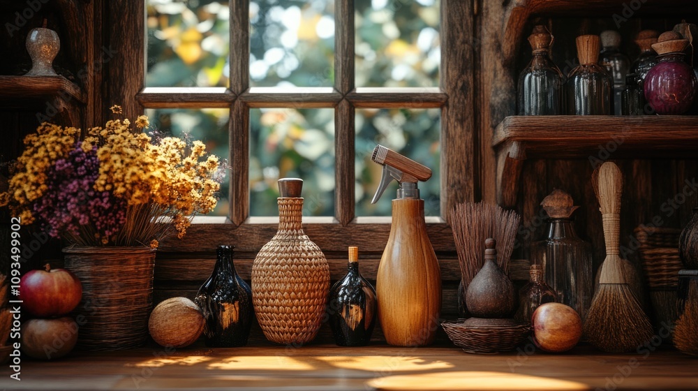 Rustic kitchen with wooden and wicker decor in warm sunlight Rustic kitchen with wooden and wicker decor in warm sunlight