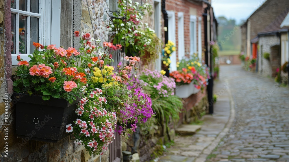 Charming Cobblestone Pathway Surrounded by Colorful Flower Boxes and Quaint Cottage Houses in a Picturesque Village Landscape Charming Cobblestone Pathway Surrounded by Colorful Flower Boxes and Quaint Cottage Houses in a Picturesque Village Landscape