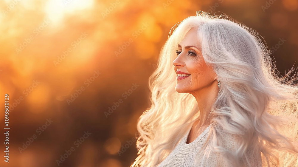 Radiant older woman with golden blonde flowing waves and stunning long cascading hair Radiant older woman with golden blonde flowing waves and stunning long cascading hair
