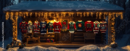 A charming winter scene showing a rustic cabin adorned with twinkling lights, while various ugly Christmas sweaters hang on the porch, ready for a festive gathering. photo