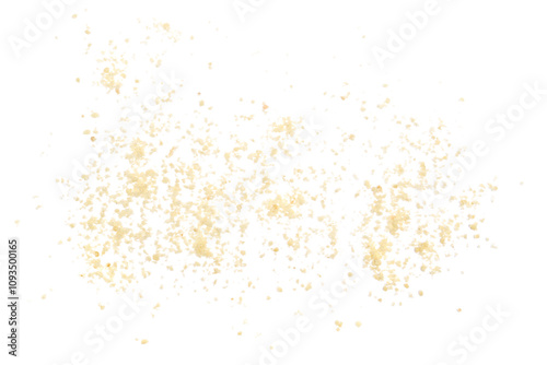 Parmesan cheese grated and scattered isolated on white, top view photo