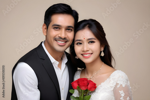 Happy couple smiling and holding red roses bouquet, romantic celebration