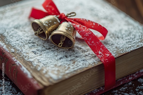 A detailed close-up of Christmas bells tied with a red ribbon, resting on an old carol book, all dusted with a light layer of snow, capturing a nostalgic holiday vibe.