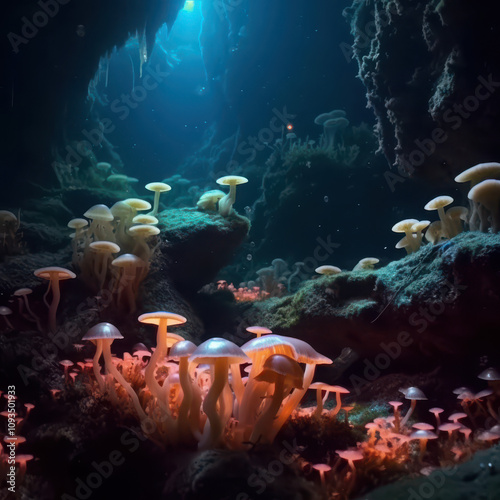 An underwater cave filled with glowing mushrooms and bio-luminescent coral