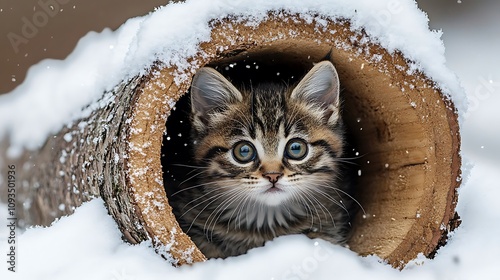 A kitten exploring the inside of a snow-covered log its tiny nose peeking out of the hollow
