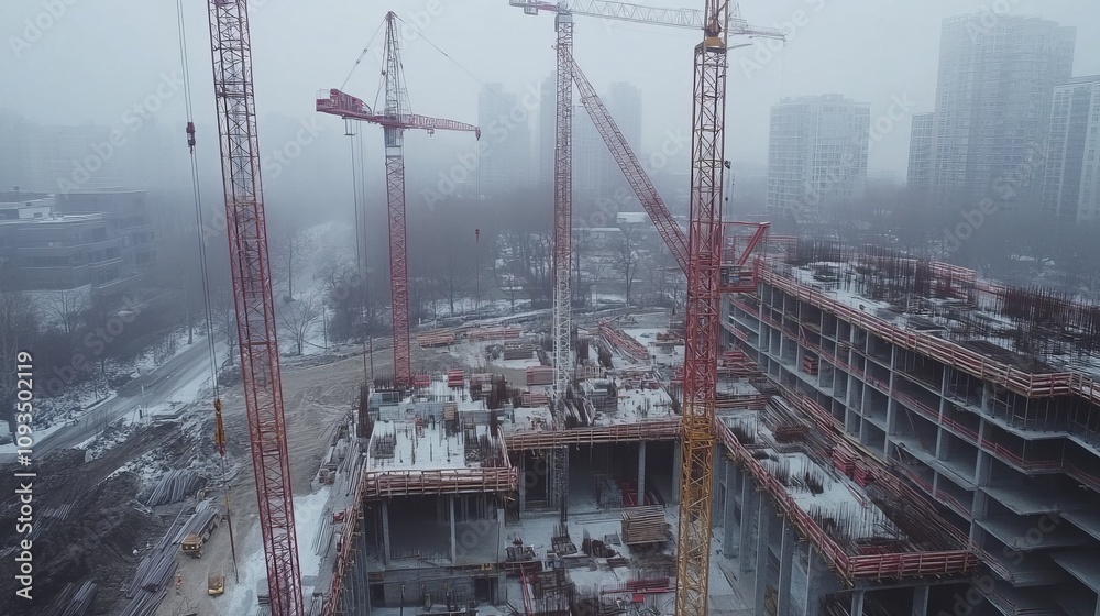 Fototapeta premium Tower cranes at work on a large construction site. 