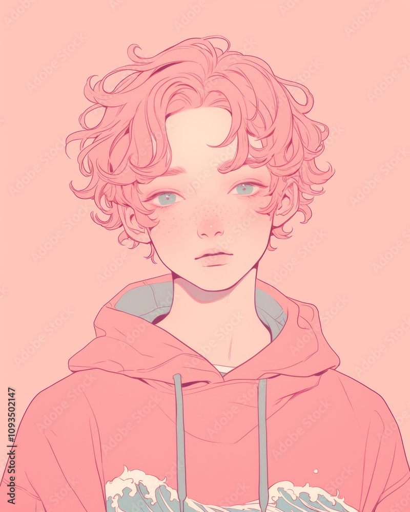 Pastel Pink Anime Boy Portrait with Curly Hair and Hoodie Pastel Pink Anime Boy Portrait with Curly Hair and Hoodie