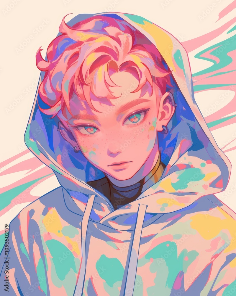 Vibrant Pastel Portrait of a Freckled Youth in Hoodie Vibrant Pastel Portrait of a Freckled Youth in Hoodie