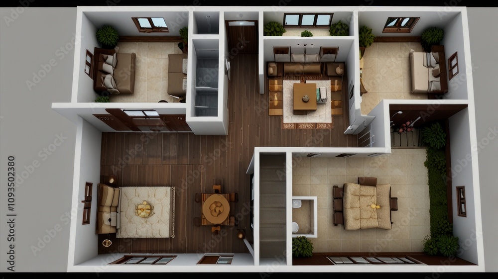 3D rendering of a two-bedroom apartment floor plan with living room, dining area, and bathrooms. 3D rendering of a two-bedroom apartment floor plan with living room, dining area, and bathrooms.