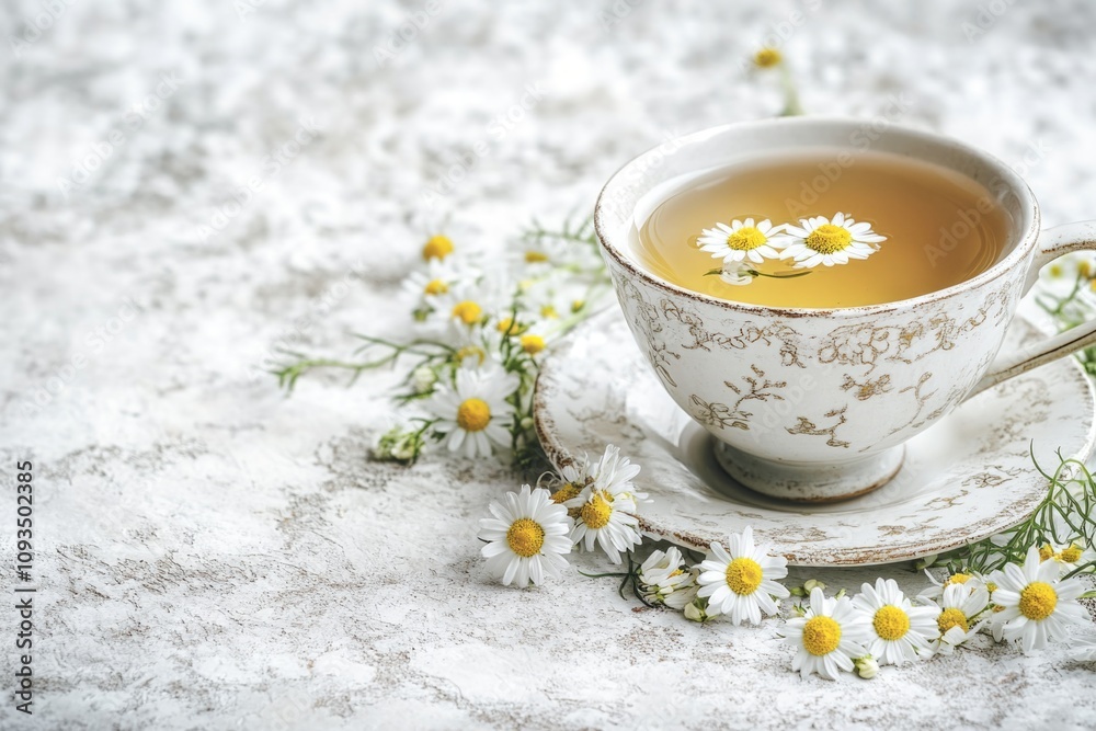 A delicate cup and saucer setting featuring daisies, perfect for a whimsical afternoon A delicate cup and saucer setting featuring daisies, perfect for a whimsical afternoon