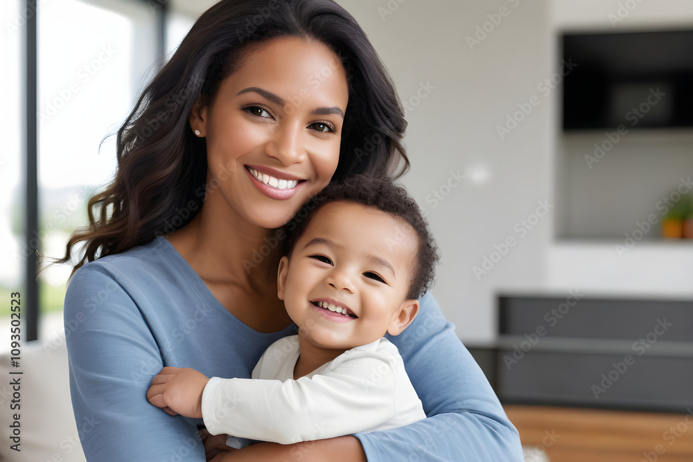 Happy mother holding and hugging her smiling baby at home Happy mother holding and hugging her smiling baby at home
