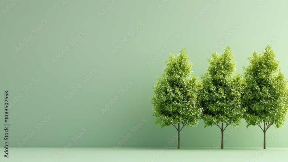 Three lush green trees stand against a soft green background, creating a serene and calming natural scene. Three lush green trees stand against a soft green background, creating a serene and calming natural scene.