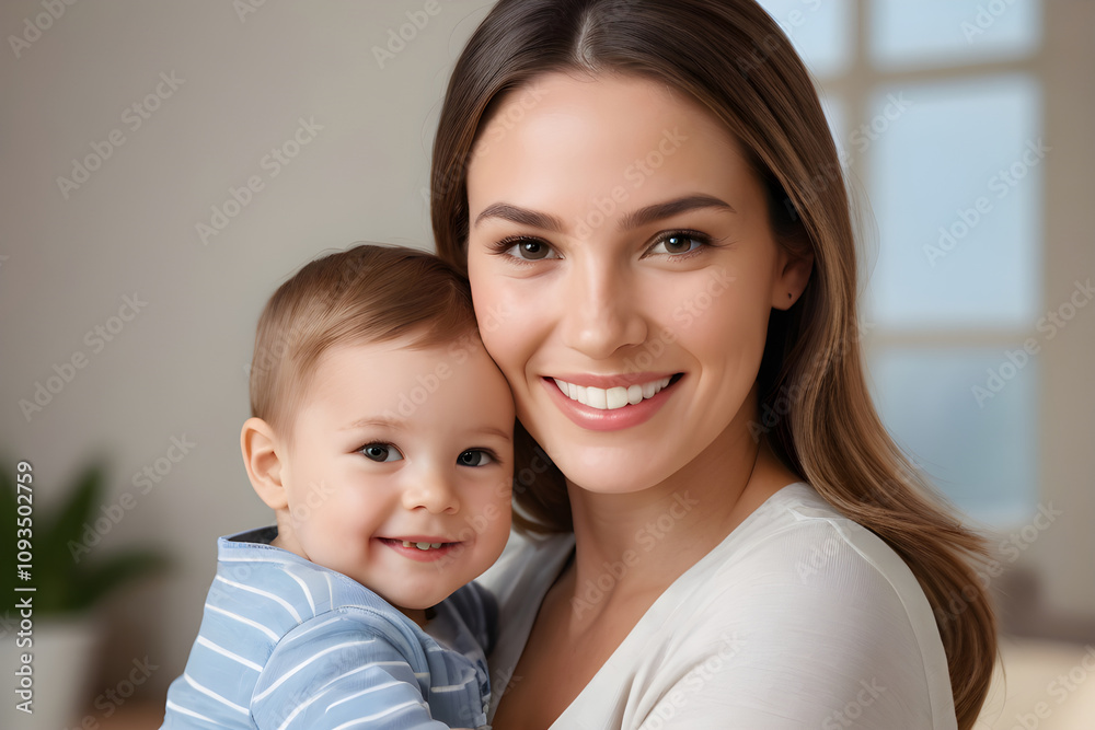 Happy mother holding and smiling with her baby son at home Happy mother holding and smiling with her baby son at home