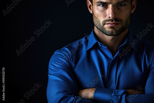 A person wearing a blue shirt with their arms crossed, ideal for use in scenes where someone is feeling relaxed or defensive
