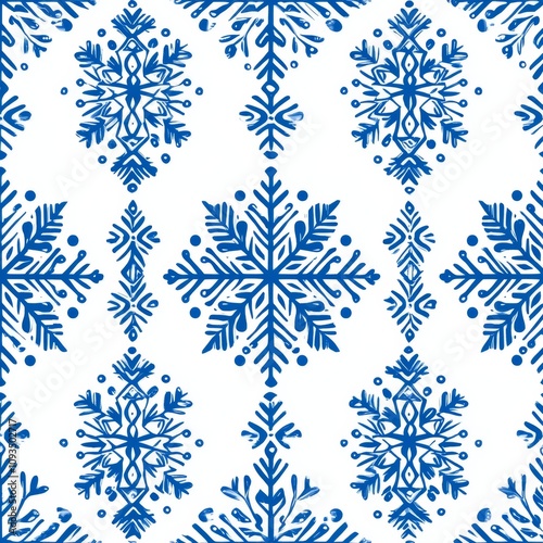 Modern illustration winter elegant classic background with snowflakes seamless pattern in cobalt blue color.