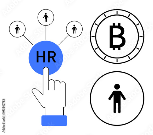 Hand touching HR icon linking to people, Bitcoin symbol, and human figure in circles. Ideal for human resources, cryptocurrency, organization, personnel management, digital finance, blockchain