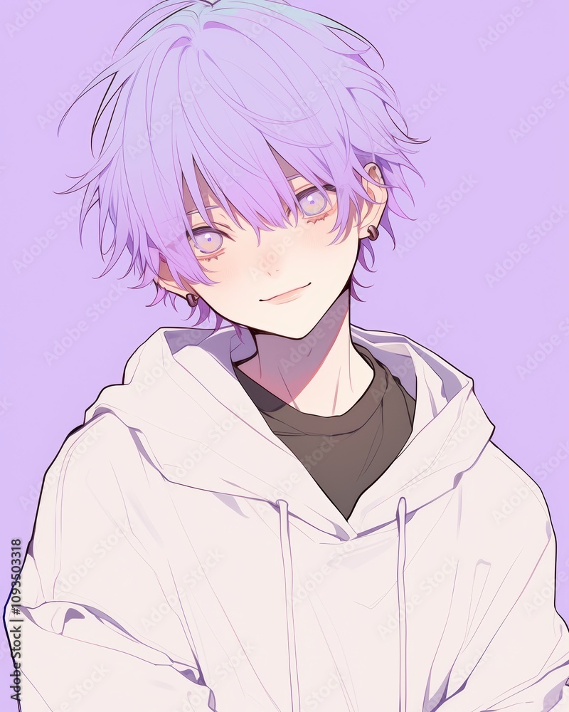 Anime Boy with Lavender Hair in White Hoodie Anime Boy with Lavender Hair in White Hoodie