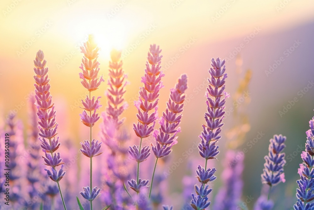 Fototapeta premium A beautiful scene of a lavender field with the setting sun in the background