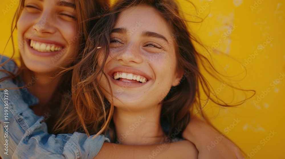 Fototapeta premium Two young women share a moment of joy and affection, standing in front of a vibrant yellow wall