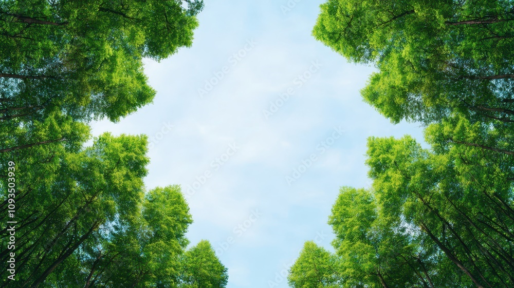 Lush green trees frame a bright sky, creating a serene and peaceful natural scene. Lush green trees frame a bright sky, creating a serene and peaceful natural scene.