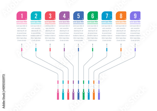  infographic template for magazine, annual report. infographic template for business, education, science world. nine steps information template. linear infographic template