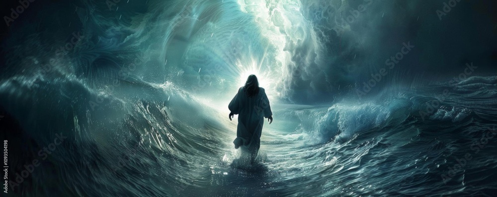Fototapeta premium A figure walking on turbulent waters, illuminated by a bright light in a dramatic atmosphere.