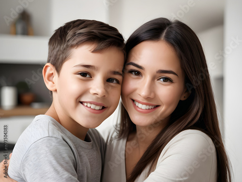 Happy mother and son smiling and embracing at home