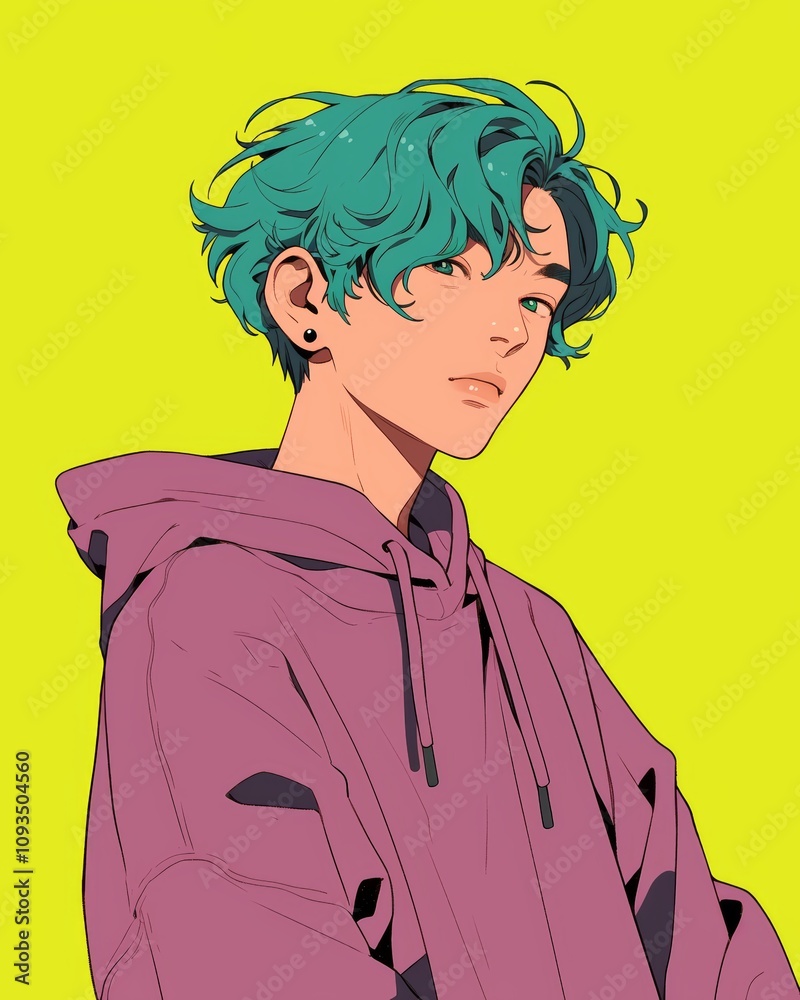 Fototapeta premium Stylish Teen Boy with Teal Hair and Purple Hoodie, Vibrant Yellow Background