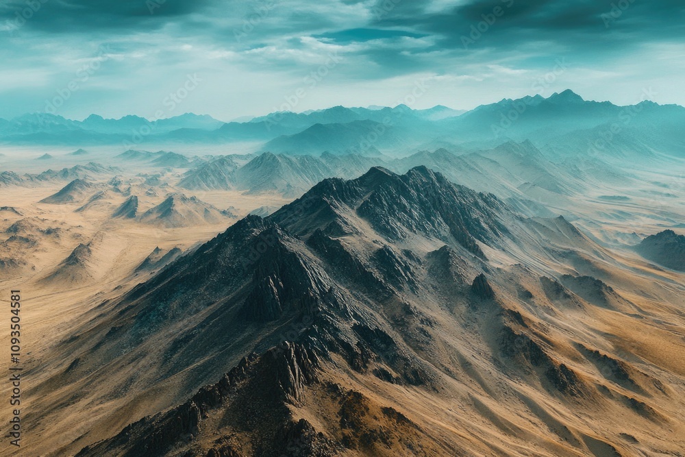 Obraz premium Aerial view of a mountain range from a plane's window, showcasing the landscape and valleys