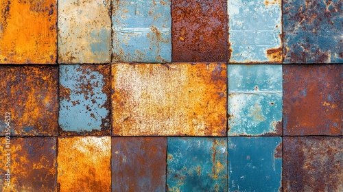 Rusty and corroded metal surface collage with striking orange, blue, and yellow tones