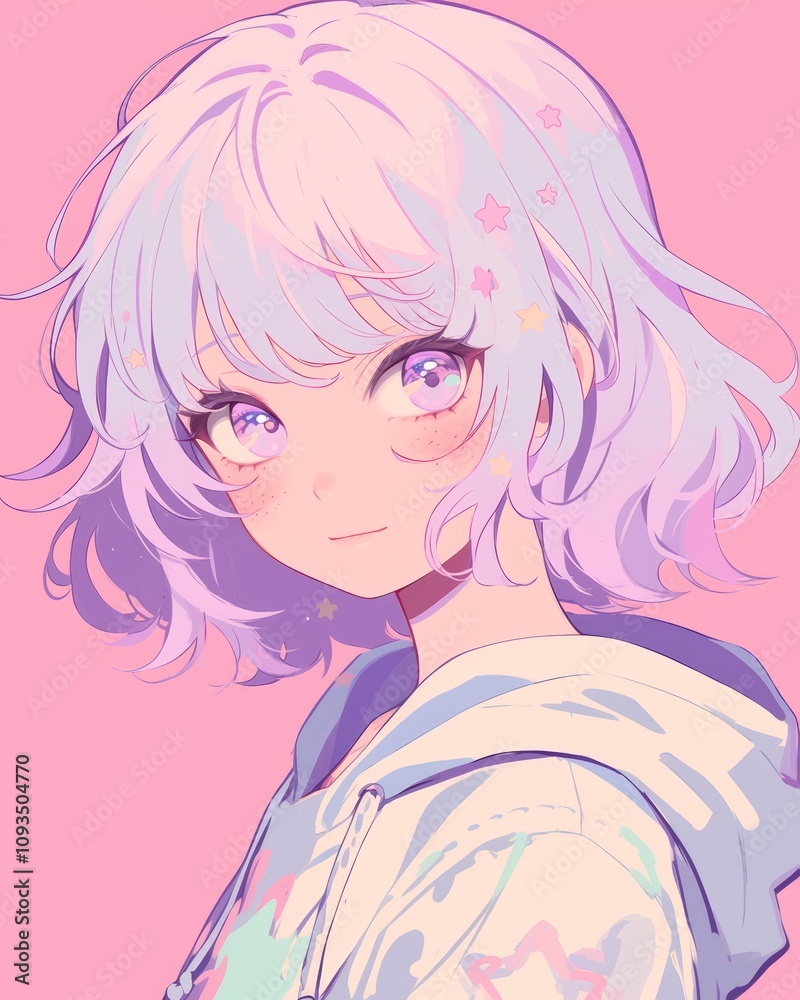 Pastel Purple Hair Anime Girl with Stars, Soft and Dreamy Illustration Pastel Purple Hair Anime Girl with Stars, Soft and Dreamy Illustration