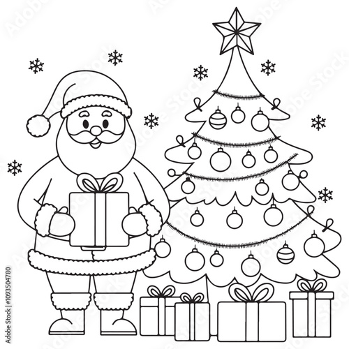 Christmas Tree with Santa Claus Gifts Fun children Coloring Page  book for Kids Christmas Activity Book , Happy Merry Christmas festive Coloring book