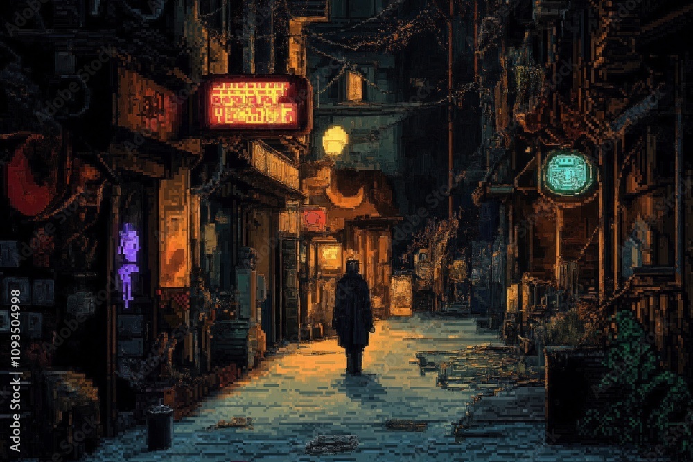Obraz premium Pixel art alleyway scene cyberpunk tech style. Glowing signs on pixelated buildings and detailed graffiti. Character walking in dark alley. Nighttime atmosphere. Retro video game graphic style.