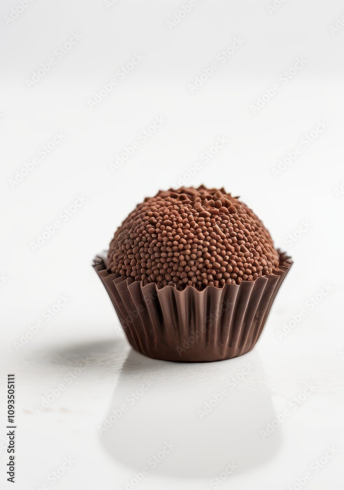 Minimal composition featuring a single brigadeiro, emphasizing texture on a clean white background Minimal composition featuring a single brigadeiro, emphasizing texture on a clean white background