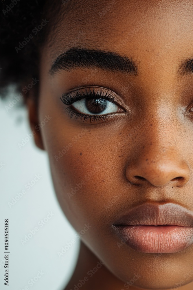 A close-up shot of a woman's face with black hair, suitable for editorial or commercial use A close-up shot of a woman's face with black hair, suitable for editorial or commercial use