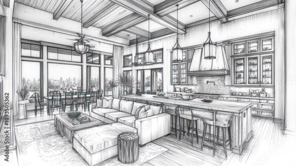 Architectural Sketch: Luxurious Open-Plan Living Space Design Architectural Sketch: Luxurious Open-Plan Living Space Design