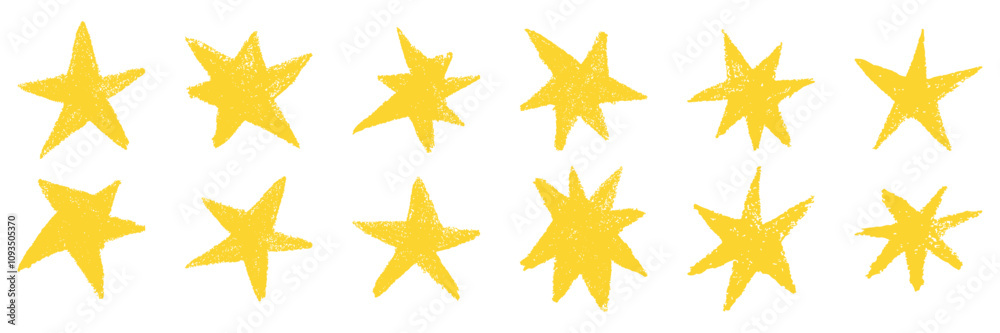 Set of chalk doodle stars. Grunge yellow stars with crayon texture. Hand drawing shape in kid sketch style on transparent background.