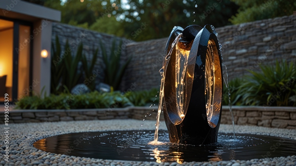 Modern water feature in a contemporary garden at dusk. Modern water feature in a contemporary garden at dusk.