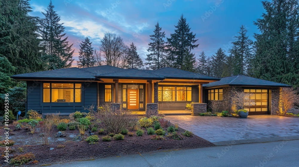 Modern House in Forest Setting at Dusk Modern House in Forest Setting at Dusk