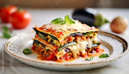 Delicious Layered Vegetable Lasagna with Fresh Tomatoes and Zucchini on Rustic Plate