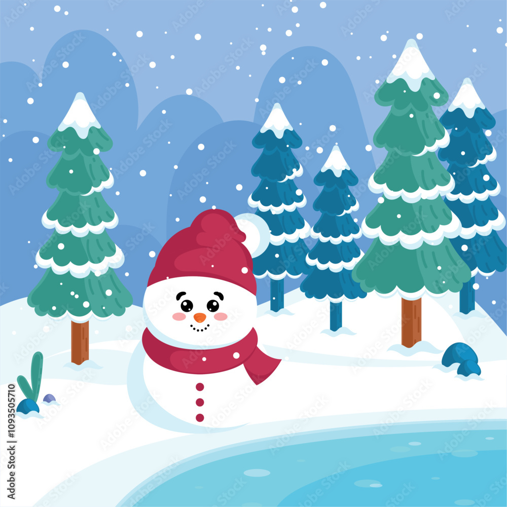 Snowman by a frozen lake in winter, Vector Snowman by a frozen lake in winter, Vector