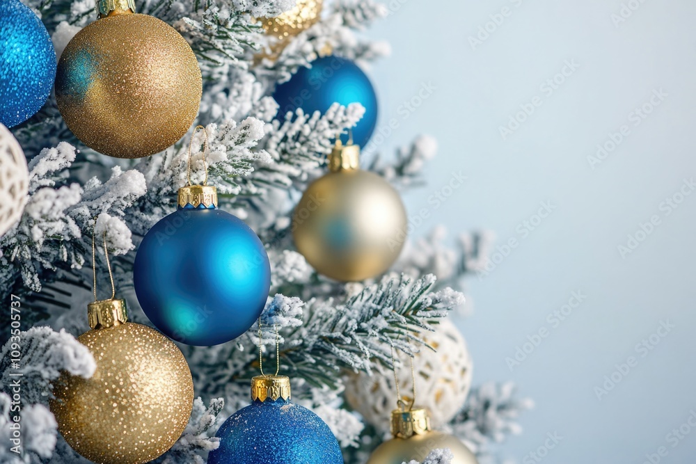 A festive Christmas tree decorated with blue and gold ornaments, perfect for holiday celebrations or winter-themed designs