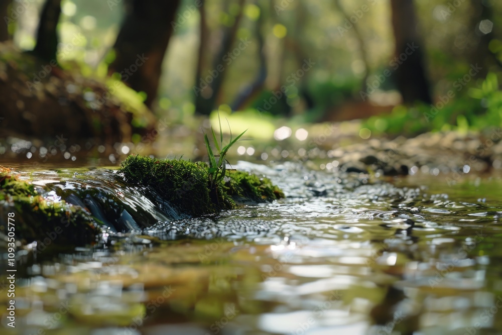 Fototapeta premium A serene forest stream surrounded by lush greenery and dense foliage