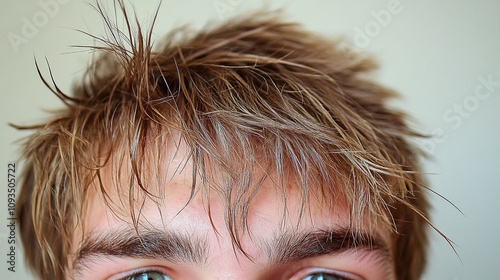 Teenage boy with shaggy oily stringy hair hanging limply over his face photo