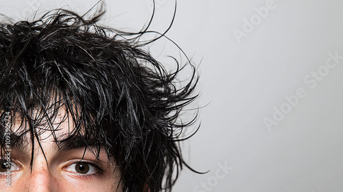 Teenage boy with shaggy oily stringy hair hanging limply over his face