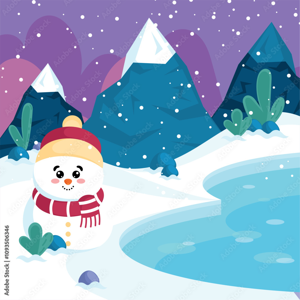 Snowman by snowy mountains and icy pond, Vector Snowman by snowy mountains and icy pond, Vector