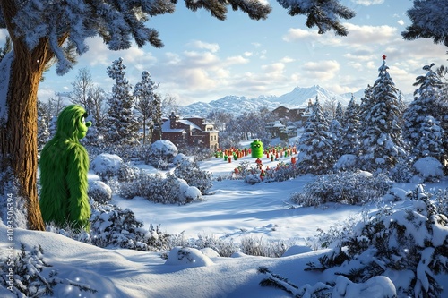 A whimsical scene of a snowy landscape, with a giant green character blending into the trees, watching as the Whos celebrate Christmas in the distance. photo