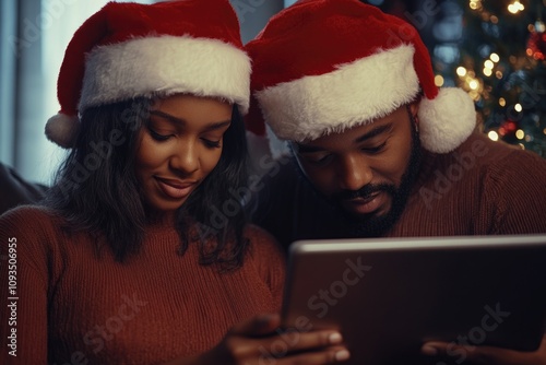 A couple enjoying the holiday season, sitting together and reviewing a tablet